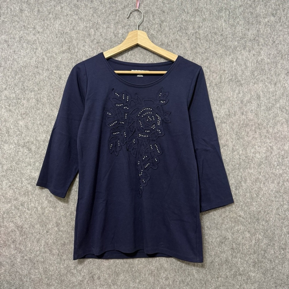 Allison Daley Navy Floral Embellished 3/4 Sleeve Top Women's Sz Small